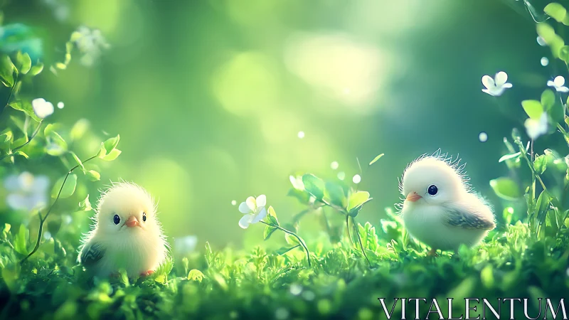 Fluffy baby birds sharing a sunlit spring meadow moment.