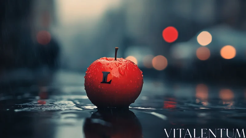 Rain-soaked red apple glows on moody neon street pavement.