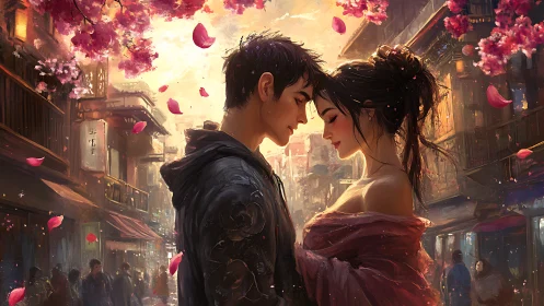 Two figures encounter amid falling petals in illuminated city