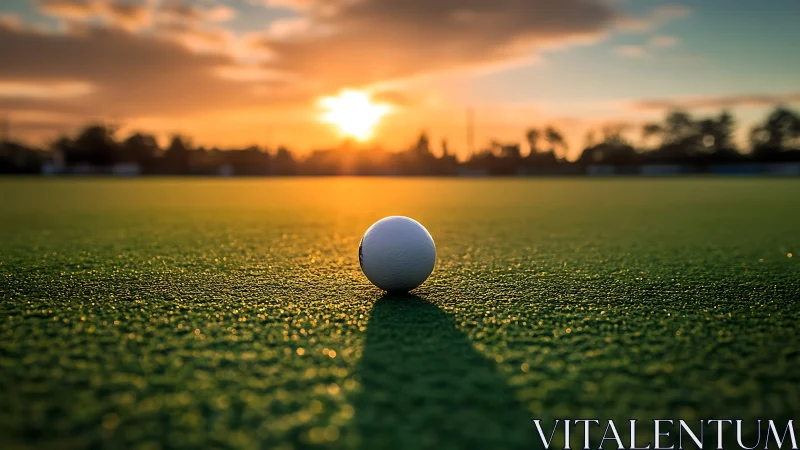 Low-angle field hockey ball under backlit sunset illumination.