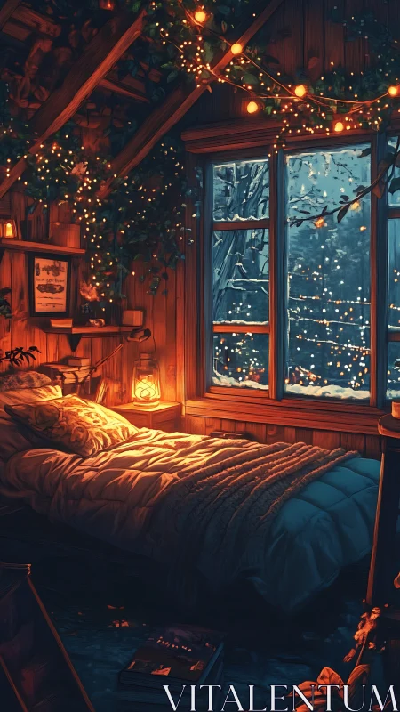 Wooden attic bedroom interior with winter window view.