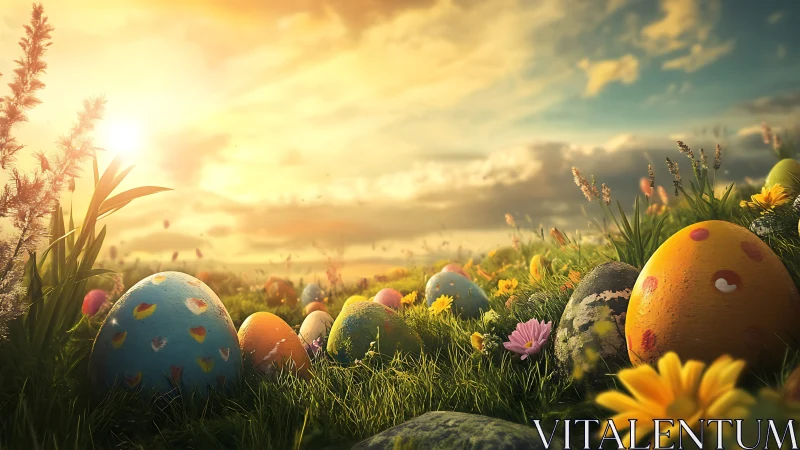 Sunlit meadow easter eggs glow under golden spring sky.