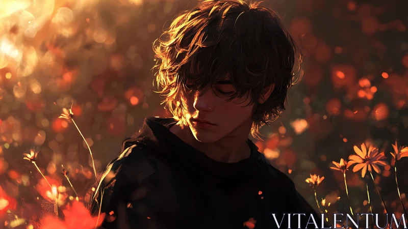 Backlit youth in autumn field under cinematic bokeh glow.