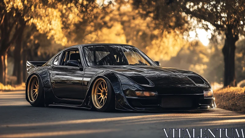 Autumn-lit widebody sports car prowls a tree-lined avenue.