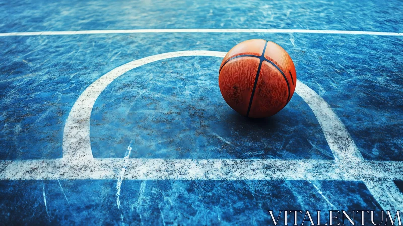 Worn blue court surface with textured basketball at center arc
