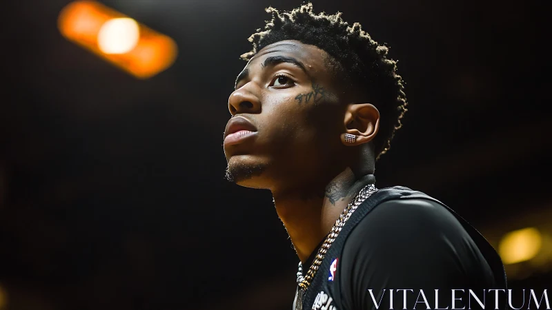 High-contrast courtside portrait under arena key lighting.