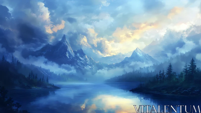 Alpine lake reflects misty peaks under luminous dawn sky