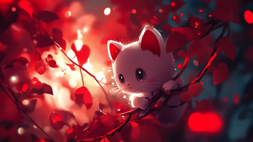 Digital painting of luminous kitten amid scarlet foliage.
