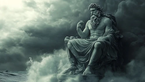 Mighty sea god sits in stormy waves under brooding skies