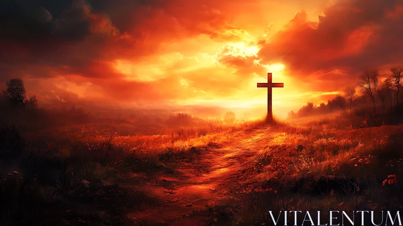 Sunlit cross on hill above glowing rural landscape.