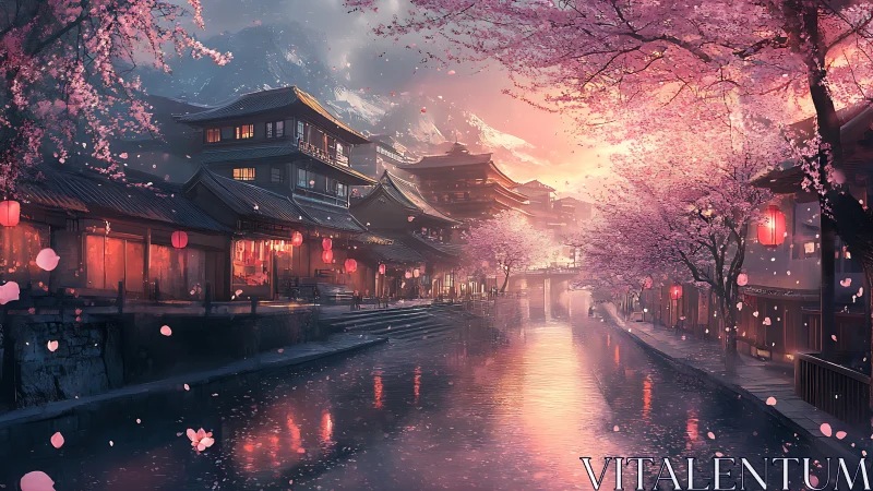 Soft lantern light welcomes spring along a cherry blossom canal
