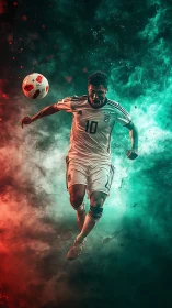 Dynamic footballer mid-air with bicolor atmospheric vapor field