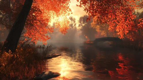 Autumn trees surround a misty river at sunrise with bridge