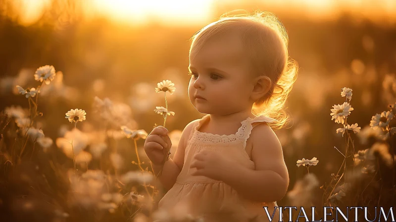 Toddler in Daisy Field at Golden Sunset Hour.