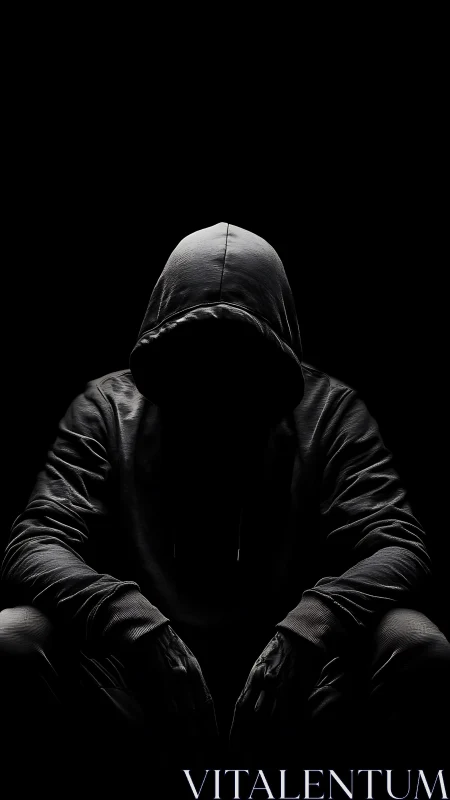 Mysterious hooded figure rests quietly in deep dramatic shadow