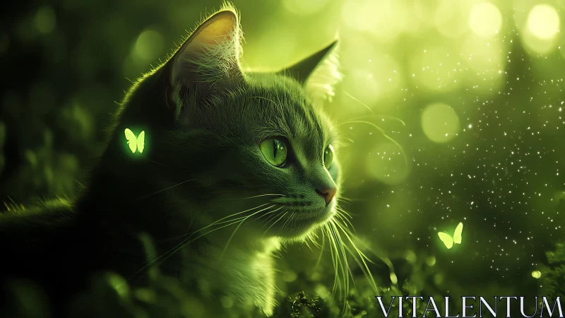 Luminescent Feline: Mystical Cat Amid Emerald Enchantment.