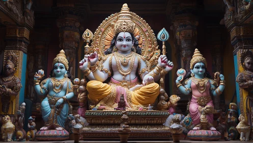Hindu temple altar shows central deity sculpture with attendants
