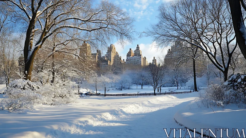 Snowy city park glows softly under a calm winter sunrise