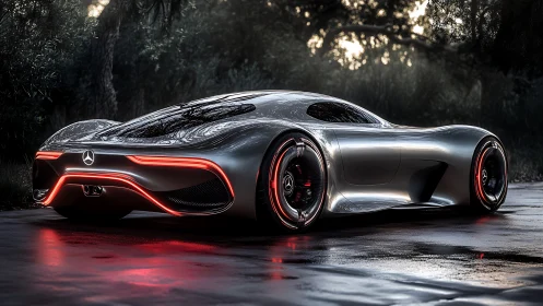 Futuristic silver concept car glows over wet forest road