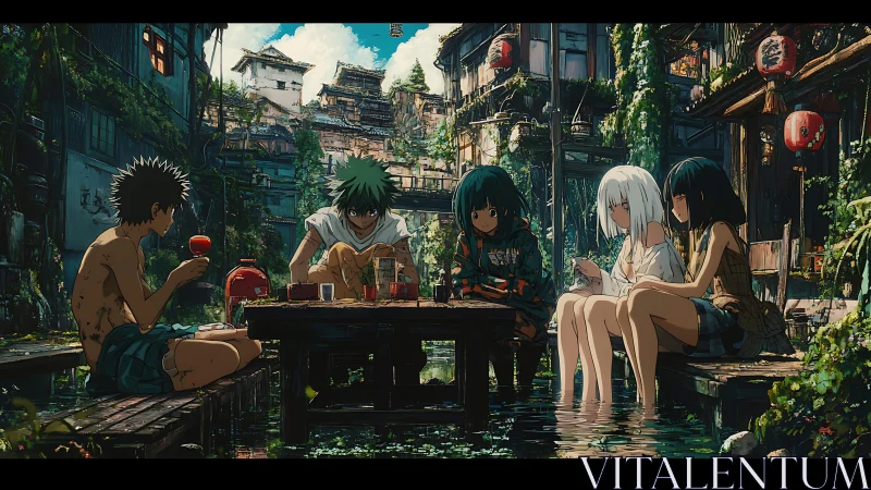 Summer friends share a quiet riverside meal in hidden town