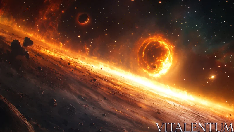 Molten protoplanet rises above fiery asteroid belt horizon