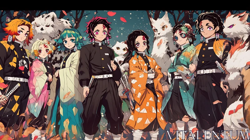 Anime swordsmen stand in forest with large white fox creatures