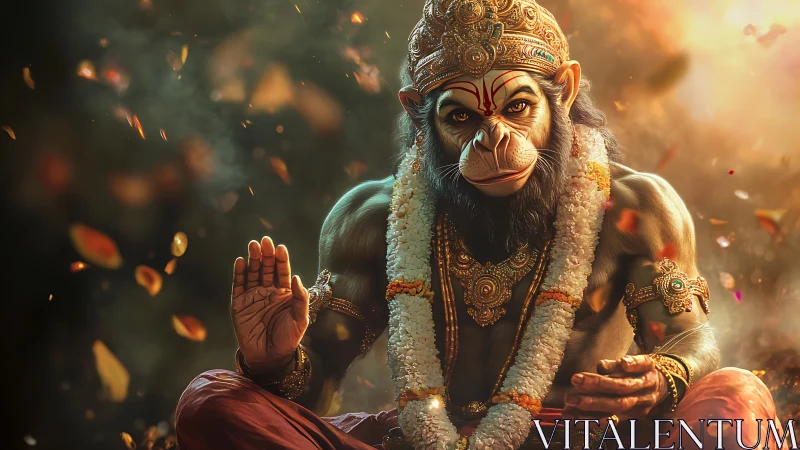 Divine monkey warrior glows in saffron light and swirling petals.