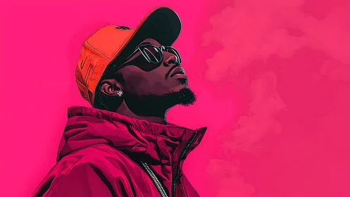 Vector portrait of man in jacket and cap against saturated magenta