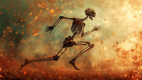 Human skeleton in running pose amid drifting fiery debris.