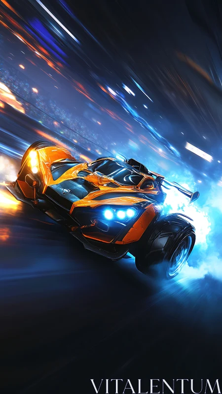 Futuristic orange race car explodes through neon-lit speedway