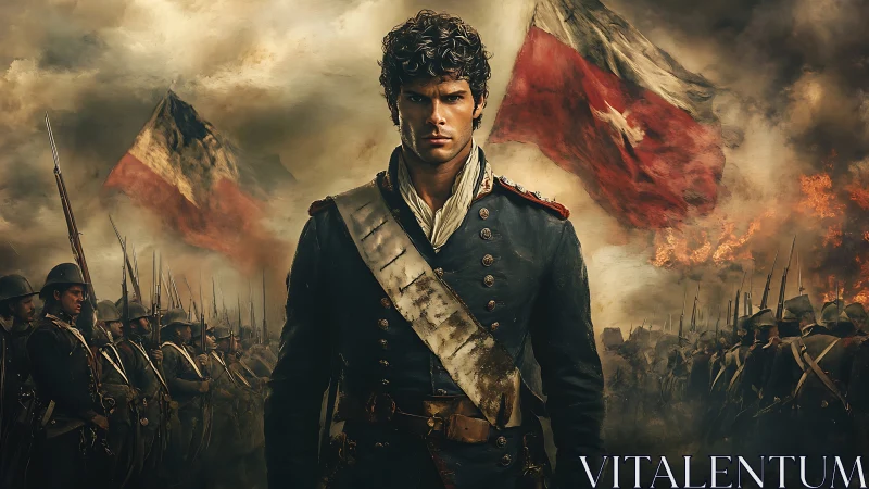 Defiant young officer leads burning battlefield charge. Period.