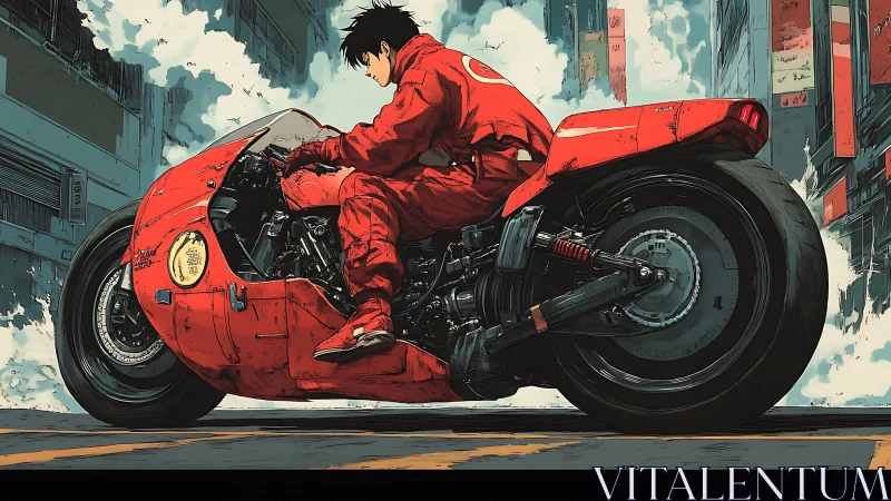 Motorcyclist sits on streamlined red bike in urban street