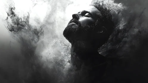 Male portrait dissolving into volumetric smoke with high contrast lighting