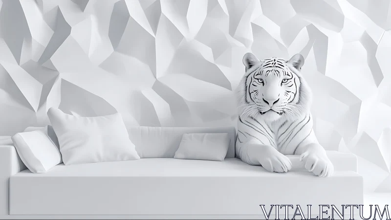 Ivory tiger lounging in a sculpted monochrome dreamscape.