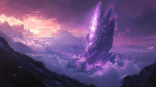 Colossal violet crystal monolith rises above a stormy sky