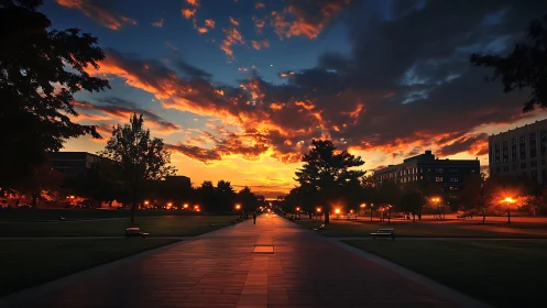 Fiery campus sunset glows above a tranquil empty walkway.