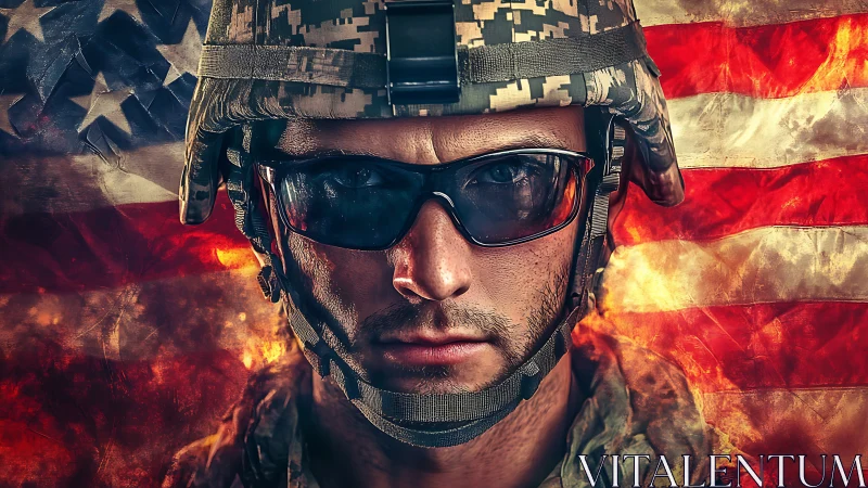 Digital composite portrait of modern soldier against US flag