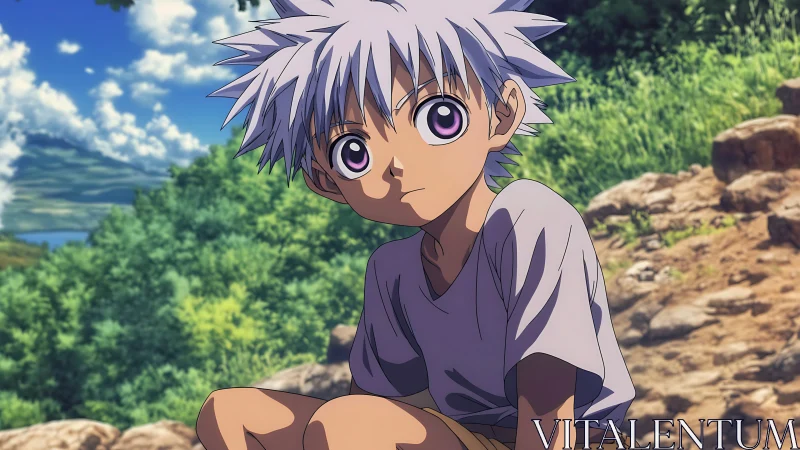 Silver-haired anime boy rests on rocky hillside in sun.