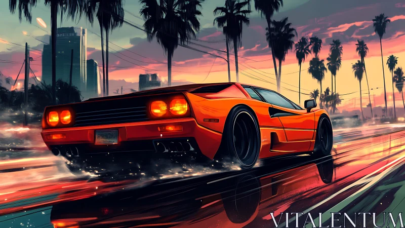 Neon sunset supercar sprinting through mirrored rain streets.