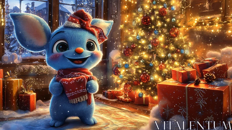 Blue winter friend under sparkling Christmas lights.