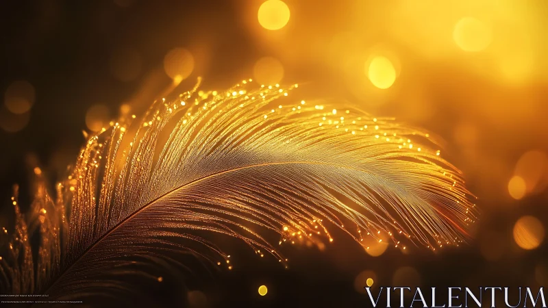 Golden feather closeup under warm glowing bokeh light.