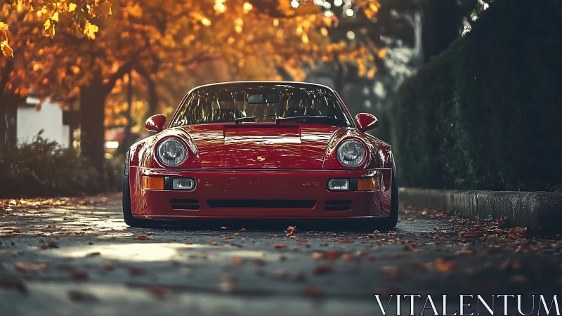 Low-slung red sports coupe on autumn street, frontal view