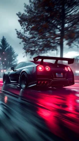Midnight Nissan GT-R powers through neon soaked rain.