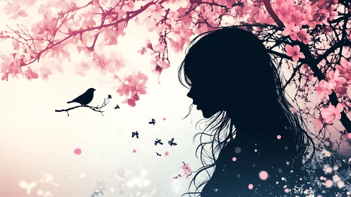 Gentle spring silhouette listens quietly to a singing bird