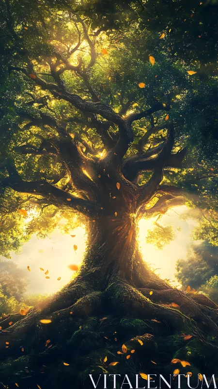 Large illuminated tree with dense foliage and falling leaves.