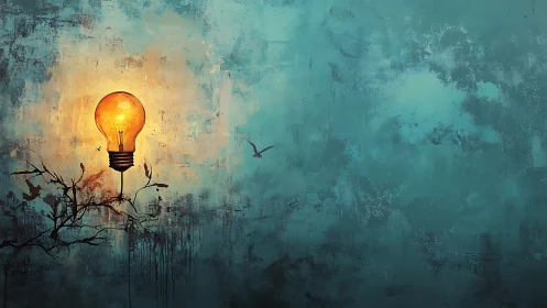 Illuminated light bulb on branch against textured teal field.