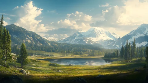 Snowy mountains rise above pine forest and calm lake