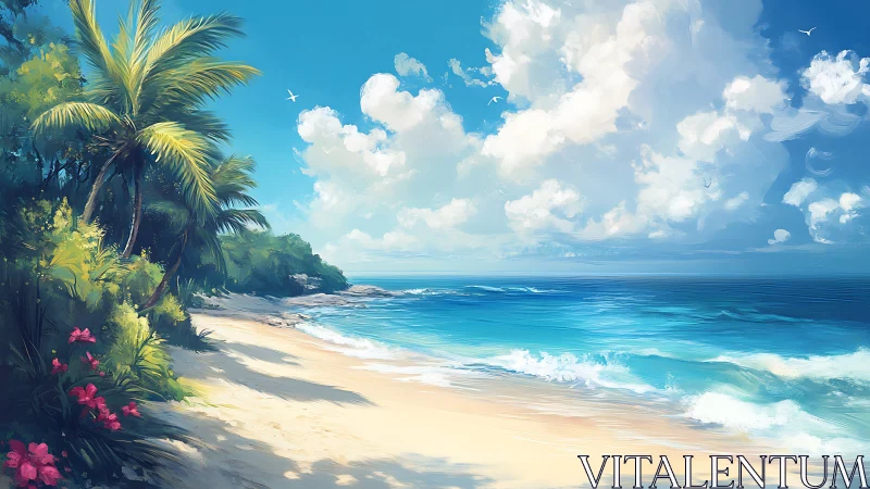 Tropical shoreline with palm trees, blue sea and clouds.