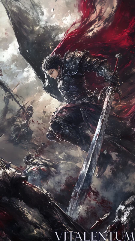 Armored swordsman leaps through bloody battlefield storm
