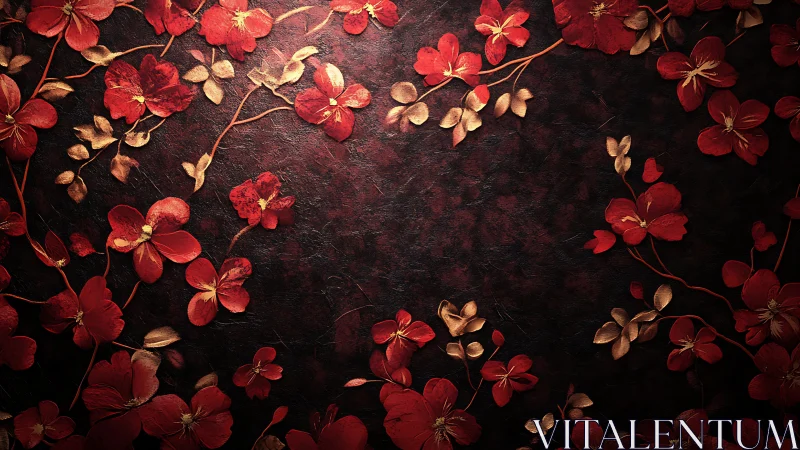 Red Pressed Flowers Frame Dark Textured Background